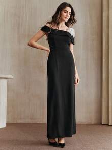 Anewsta Váy ôm eo đính cườm hoa hở vai thanh lịch cho tiệc sinh nhật, tiệc tối - màu đen - Xem 4