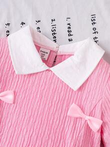 Đầm hồng đính nơ cổ cho bé gái, thích hợp mặc ngoài trời thanh lịch, giản dị, mùa xuân/hè - Hồng - Xem 4