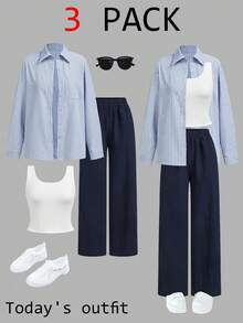 SHEIN LUNE 女士休闲条纹衬衫和裤子三件套/组 冬季女装 休闲套装 两件套 工作服 夏季休闲装 - 彩色 - 查看 1