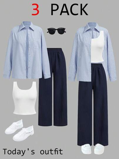 SHEIN LUNE Women's Casual Striped Shirt & Pants 2pcs/Set Winter Clothes For Women Casual Sets For Women Women Two Pieces Sets Work Outfits For Women Summer Clothes,Casual