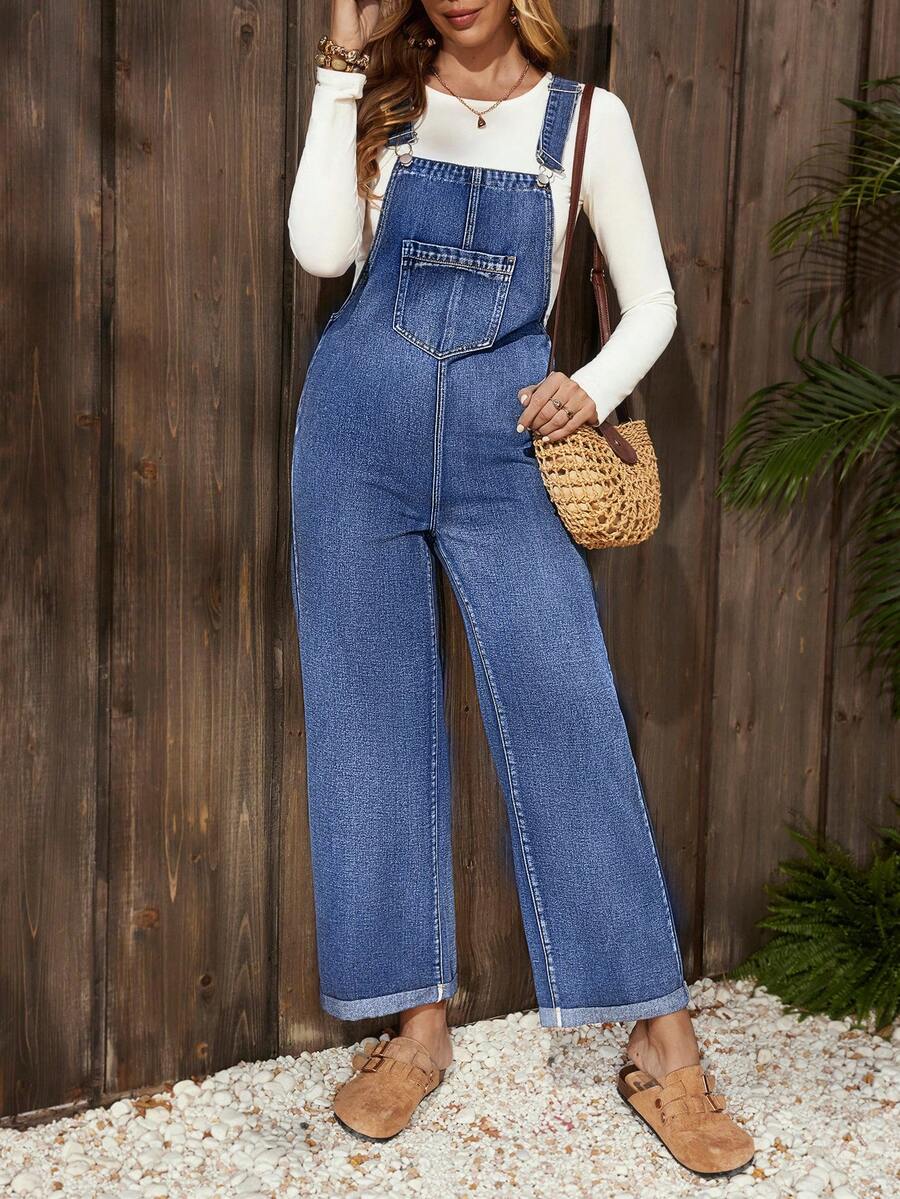 EMERY ROSE Women's Casual Versatile Everyday Commute Denim Bib Pants With Pockets - Medium Wash - View 1