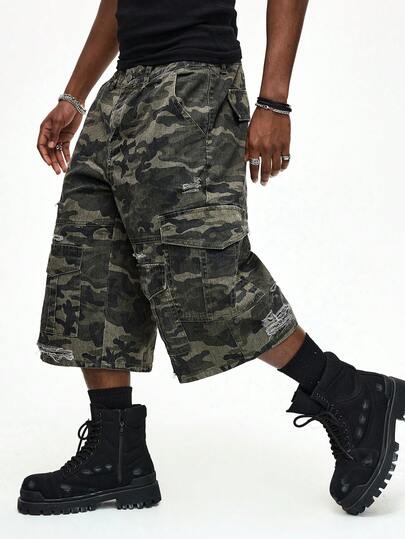 Pantalones cortos vaqueros de camuflaje de corte holgado para hombre