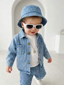 SHEIN 男婴时尚大胆街头服饰复古洗水蓝衬衫和裤子，春季和秋季