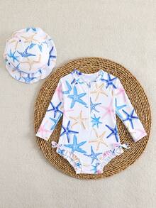 Girls'Starfish Print Long Sleeve One-Piece Rash Guard,Zip-Up Ruffled Swimsuit With Swim Cap Set For Summer,Beach,Family Vacation,Holiday,Sun Hat - Multicolor - View 5