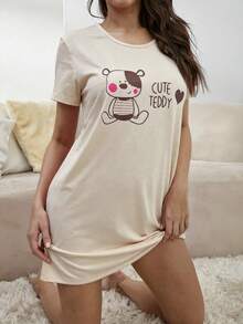 Camisola Noturna com Gráfico de Desenho Animado e Slogan - Bege - Visão 3