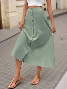 Brillora Women's Front Button A-Line Casual Skirt, - Green - View 7