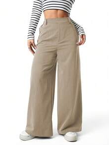 Sparklyn 少女休闲日常通勤简约纯色高腰宽松阔腿裤 - 棕色 - 查看 6