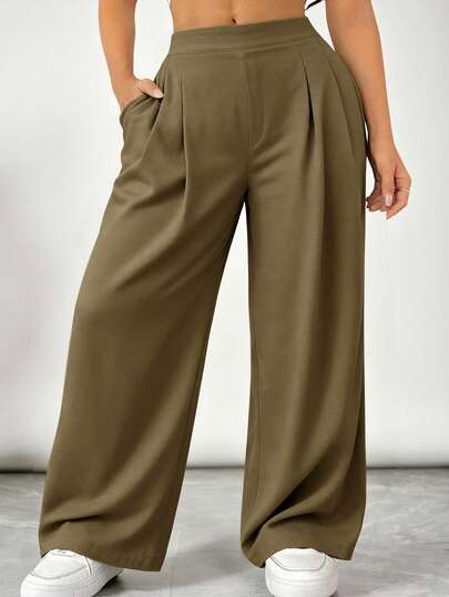 SHEIN VCAY Pantalones anchos casuales de talla grande de unicolor con bolsillo y pliegues plegados