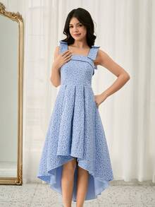 Váy dự tiệc Giáng sinh hai dây vải Jacquard thanh lịch, thắt eo cho bé gái tuổi teen - Màu xanh lam - Xem 7
