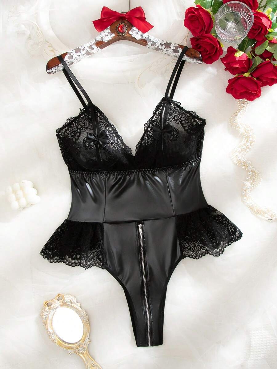 Seduluxe Plus Size Perspective Lace Decor Deep V-Neck Open Back Sexy Faux Leather Bodysuit For Rave - Black - View 1