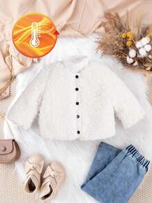 SHEIN Vintaside Kids 女婴冬季时尚休闲街头深棕色长袖毛绒外套，适合街拍和聚会 - 白色 - 查看 3