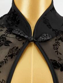 Mistrie Mandarin Collar Short Sleeve Flocked Cheongsam Sexy Elegant Hollow Out Mini Dress