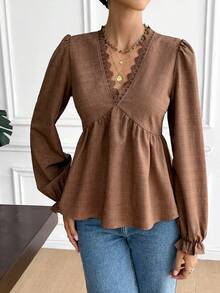 Serisse Women's Solid Color Contrast Lace V-Neck Long Sleeve Casual French Elegant Shirt Teachers' Day Office Brunch Coffee Brown Autumn - Brown - View 4
