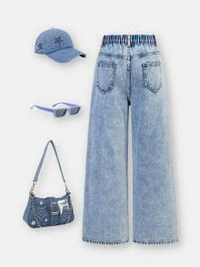 SHEIN ChillGRL Tween Girls Y2K Light Blue Denim + Five-Pointed Star Frayed Patch Embroidery + Straight Loose Fit + Fashionable Streetwear Casual Girls Jeans