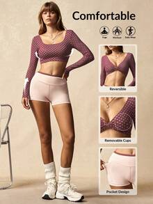 VARSIVA Pink Polka Dot Print Workout Women Sets 2pcs/Set Women Polka Dot Long Sleeve Br And Shorts Sports Suit, Pink Sets, Pink Dot Print, Gym Fitness Yoga Casual Vacation Holiday Spring Summer Fall Winter And All Seasons, Double-Sided Knotted Top Paired With Hip-Lifting Athletic Shorts  Twist-Front Long Sleeve Crop Top Sport Bra Yoga Short Sets For Women Long Sleeve Workout Set Polka Dot Workout Set - Multicolor - View 10