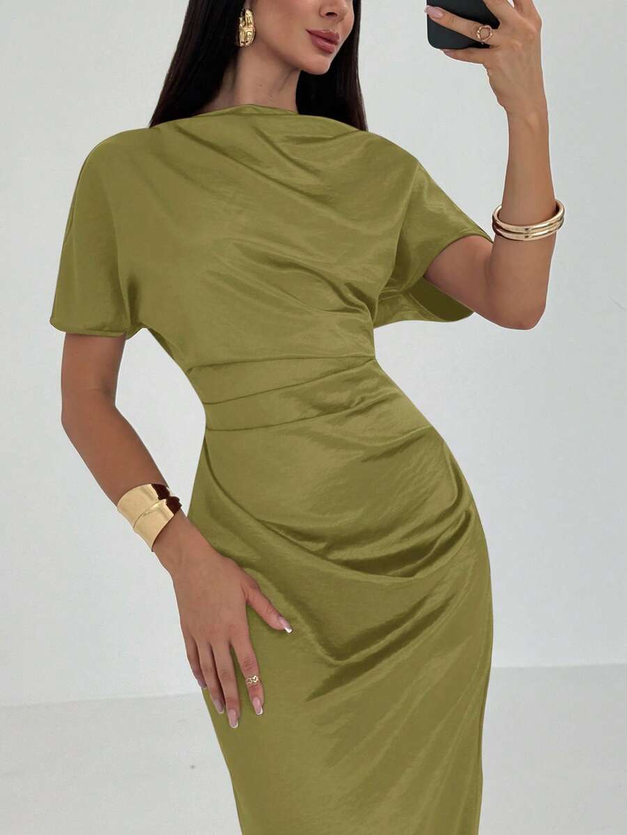Aloruh 优雅纯色褶裥连衣裙,休闲及派对场合皆宜 - 薄荷綠 - 查看 1