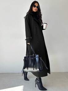 Firerie 女式卡其色翻领仿皮袖收腰双排扣中长款风衣，长袖防风衣，春秋冬，通勤，优雅，日常，工作服 - 黑色 - 查看 6