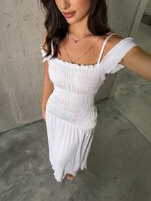 Firerie Women's Elegant Minimalist Delicate Romantic Valentine's Day Date Party Everyday Vacation Pleated Off Shoulder Spaghetti Strap A-Line Long White Dress - White - View 7