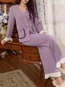 Côtesoire French Minimalist Elegant Contrast Color Pleated Women Pajama Set - Purple - View 5
