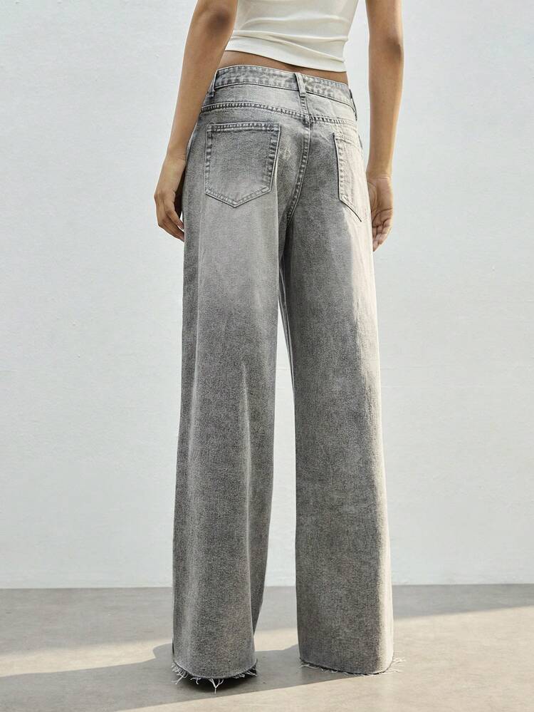 SHEIN Maija Women's Grey Low-Rise Wide-Leg Jeans, Casual Summer Pants