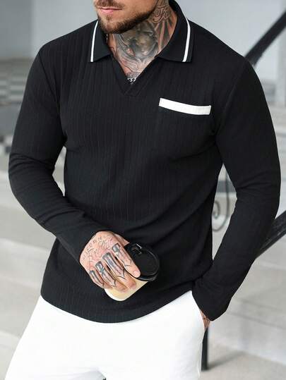 Manfinity Homme Camisa Polo Casual de Manga Longa com Gola V Canelada para Homens