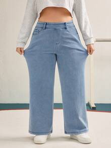 SHEIN Unity Celana Jeans Wanita Ukuran Besar Kasual untuk Liburan, Warna Biru Muda, Bahan Rajut Lembut, Tidak Melar, Potongan Lurus - Light Wash - View 6