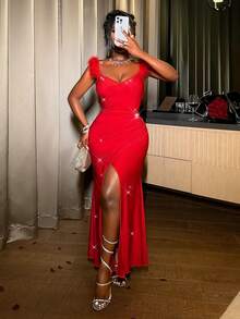 Slaydiva 2025 Herbst/Winter Neuheit, Valentinstag, Party, Bankett, Date, Geburtstag, College Stil, Studentenmode, Alltags-Ausflug, vielseitig einsetzbar, Lässig, Kreuzfahrt-Reise, viraler Hit, elegant, Pendeln, Business-Casual, minimalistisches ärmelloses Kleid mit Fellbesatz, tailliert, hoher Schlitz, Meerjungfrausaum, glänzender roter Stoff, rotes Party Mini-Kleid, Herbst/Winter Damenkleid - Rot - Übersicht 7