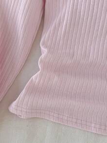 SHEIN Camiseta de manga larga de cuello redondo, de punto acanalado, elástica, de unicolor, de estilo minimalista y cómoda para niñas preadolescentes - Rosa coral - Ver 5