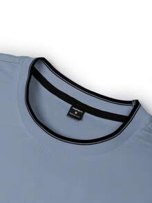 Manfinity Homme Men's Casual Dusty Blue Letter Graphic Rib-Knit Long Sleeve T-Shirt With Round Neck - Dusty Blue - View 4