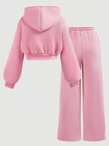 SHEIN Girlism TEENGIRL Pink Hooded Two Pieces Set, Zip-Up Jacket And Relaxed Fit Pants, Collegiate Style Outfit, Suitable For Back To School, Street Wear - Pink - View 2