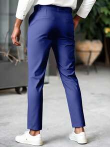 Manfinity Mode Pantalones de traje casuales de hombre con cintura con cordón, ajuste delgado, unicolor, adecuados para el trabajo y el transporte - Azul - Ver 4