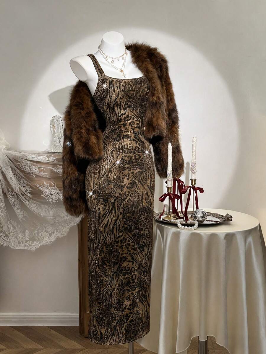 Elamini 1 件女士棕色豹纹亮片刺绣网眼紧身鸡尾酒会礼服，修身腰部迷你连衣裙，性感奢华派对/圣诞节/情人节连衣裙，冬季 - 棕色 - 查看 1