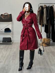 BamGleam Women's Fashion Commuter Crocodile Embossed Double-Breasted Coat Winter For Women Women's Winter Coat, Women's Winter,New Year Coat - Burgundy - View 3