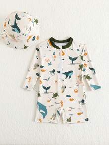 SHEIN 婴儿/男童鲸鱼印花长袖防晒泳衣，带宽檐泳帽 - 彩色 - 查看 6