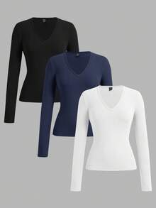 SHEIN EZwear 3件套女士深V领修身休闲长款基础保暖长袖T恤套装，适合秋冬季穿着 - 彩色 - 查看 10