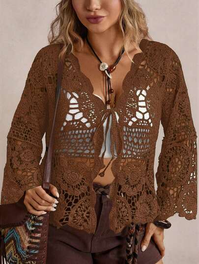 Freevana Cárdigan de punto de manga larga con cuello en V, lazo delantero, recorte de concha y calado para tallas grandes