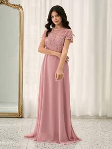 رمضان فستان شيفون مزخرف بالدانتيل الأنيق والمنسدل للمراهقات، مناسب للحفلات والأعراس والمناسبات الخاصة كعيد الميلاد والكريسماس - وردي - مشاهدة 4