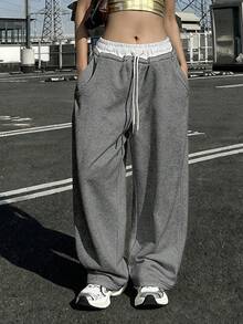 DAZY Women's Fleece Patchwork Contrast Color Elastic Waist Drawstring Casual Sports Pants, Autumn/Winter Y2k - Grey - View 1