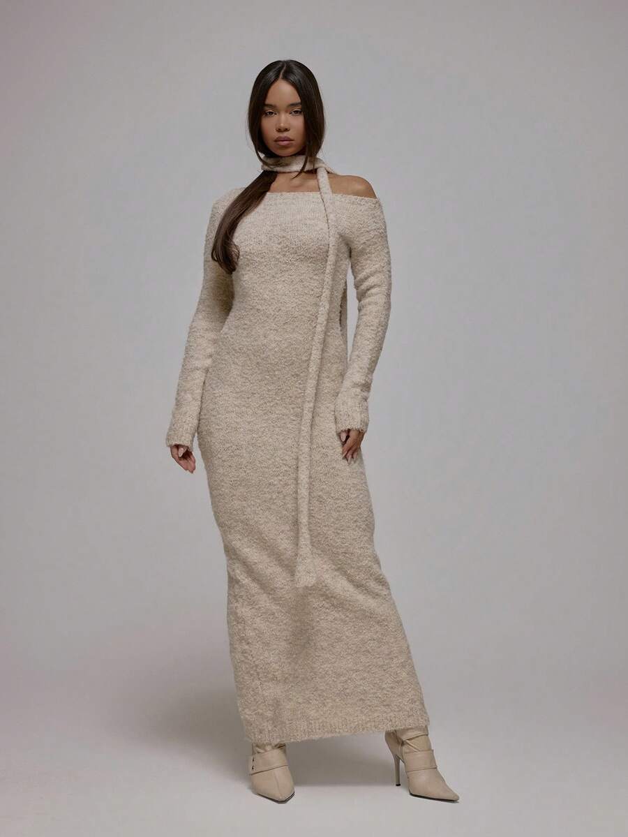 MUSERA 单肩长袖蓬松针织修身长款连衣裙，围巾细节设计，秋冬街头风酷女孩Y2K日常休闲复古风 - 杏色 - 查看 1