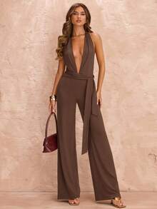 SHEIN BAE 夏季海滩度假紧身性感深V打结连体裤，适合日常约会、夜店、派对、聚会、鸡尾酒会、泳池派对、返校季服装、学期服装、节日服装、音乐节服装、乡村音乐节服装、演唱会服装 - 棕色 - 查看 4