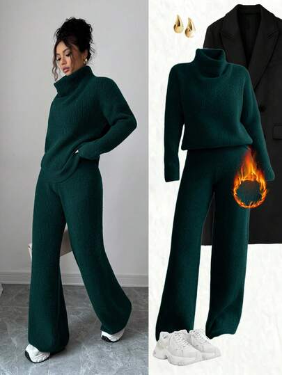 Elenzga Conjunto de 2 piezas de suéter holgado de punto y pantalones en color camello, elegante para el uso diario en otoño/invierno