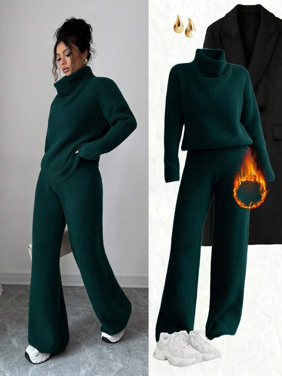 Elenzga 驼色休闲宽松针织衫和裤子两件套，优雅通勤装，秋冬季 - 墨綠色 - 查看 1