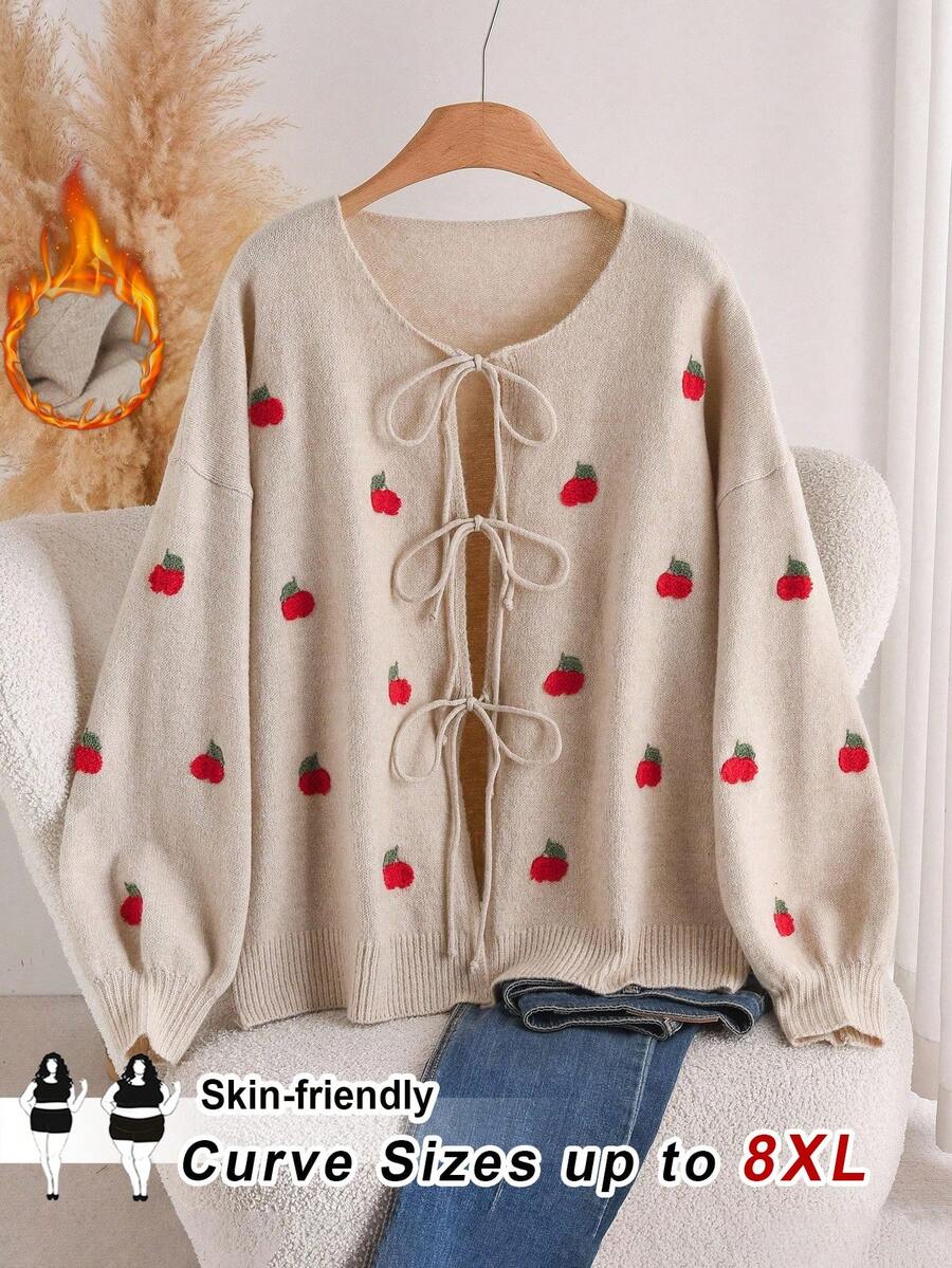 SHEIN CURVE+ 大码女式棕色蝴蝶结领开襟针织衫，舒适百搭，适合日常穿着、通勤，秋冬季/2026/新年款 - 棕色 - 查看 1