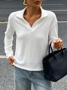 DAZY Camiseta de manga larga de punto estilo camisa informal y holgada con parches, adecuada para la oficina, el transporte y la primavera y el otoño - Blanco - Ver 2