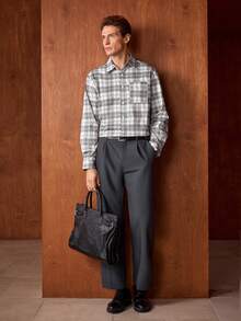 Officeau 男士休闲格子拼接口袋宽松长袖衬衫，适合秋冬季节穿着。 - 彩色 - 查看 4