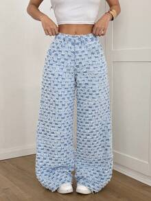 SHEIN PETITE 女士时尚格纹面料，毛边细节，毛边裤脚，直筒宽松中腰休闲牛仔裤，冬季圣诞新年派对浅色水洗格纹牛仔裤 - 中等水洗藍 - 查看 8