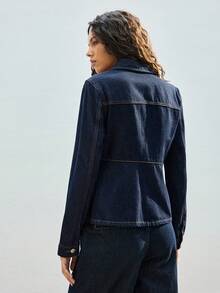 Maija Retro Classic Collared Denim Cardigan With Shoulder Detail, Puff Sleeves, A-Line Hem, Denim Jacket. - Dark Wash - View 3