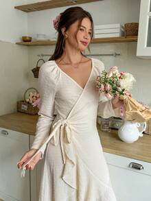 Snug Reverie Asymmetrical Ruffle Hem Drawstring Bow Tie Waist Long Sleeve Women Loungewear Dress