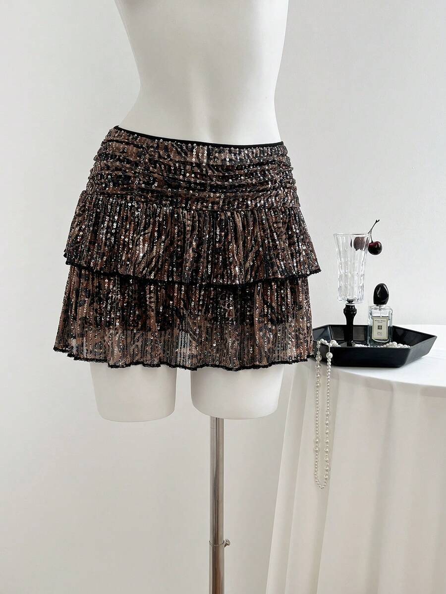 Elamini Chân váy ngắn mùa hè đính sequin họa tiết da báo với nhiều tầng bèo nhún – Lý tưởng cho tiệc năm mới và Giáng sinh. - màu nâu - Xem 1