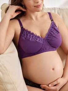 Moonlight&Mama 3/4罩杯钢圈上托式优雅钩扣哺乳文胸，花卉蕾丝拼接镂空设计，宽肩带，舒适时尚，大码 - 紫色 - 查看 6